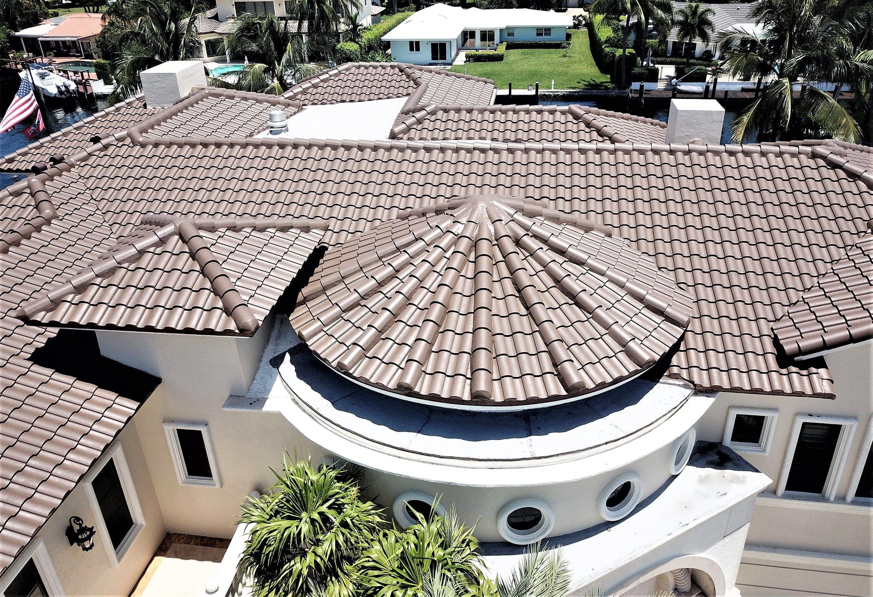 Aerial view of a high-quality tile roof on a luxury home